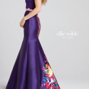 LIKE NEW Ellie Wilde Purple Satin Mermaid Gown with Vibrant Floral Panel